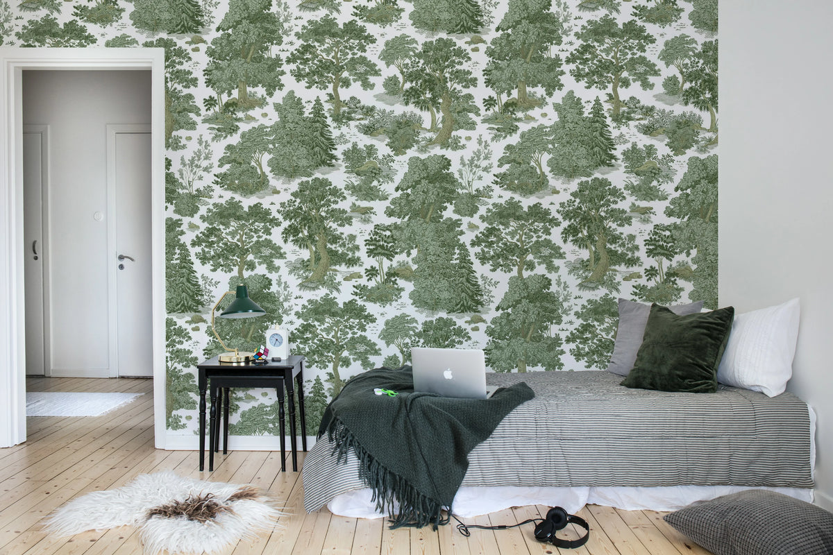 Woodland Toile, Green Mural Wallpaper - room preview 03