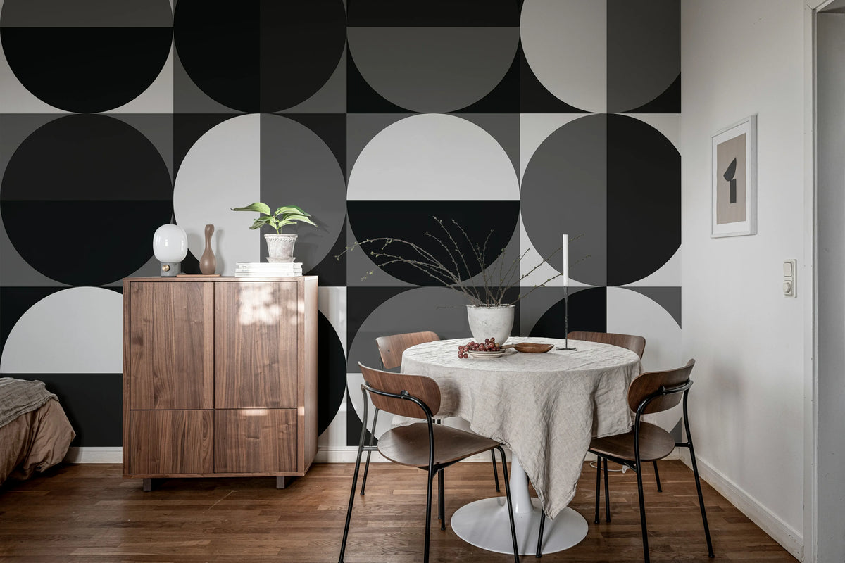 Circle Grid, Black & White Mural Wallpaper - room preview 03