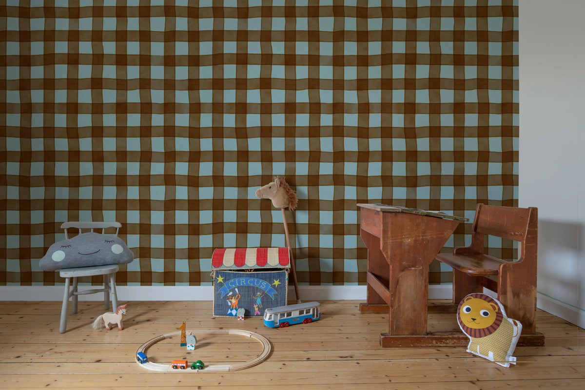 Gingham, Brown Mural Wallpaper - room preview 03