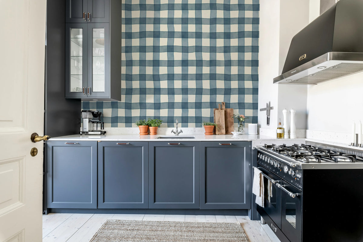 Gingham, Blue Mural Wallpaper - room preview 03