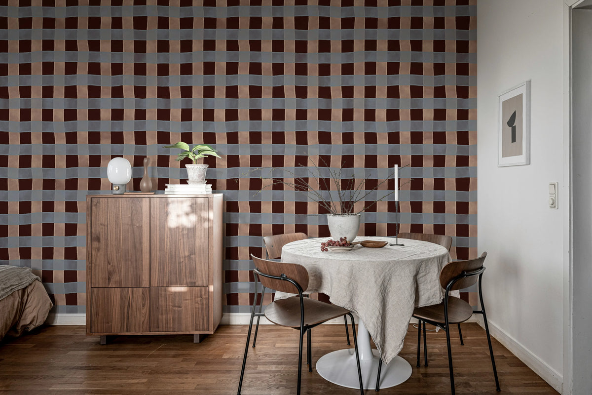Gingham, Burgundy Mural Wallpaper - room preview 03