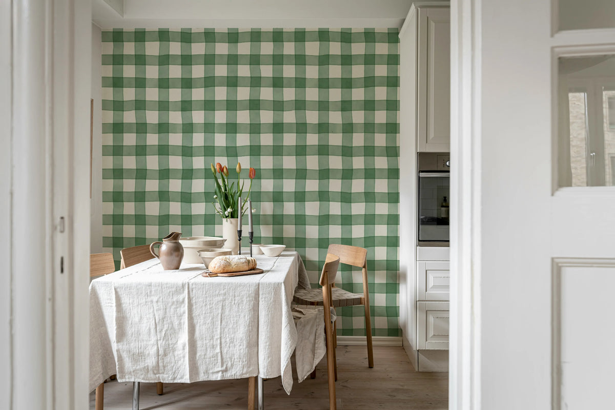 Gingham, Green Mural Wallpaper - room preview 03