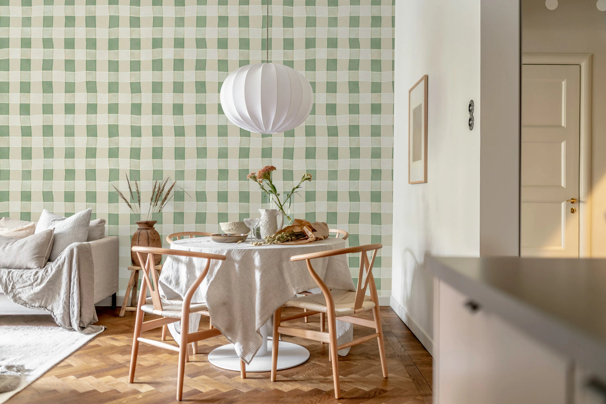 Gingham, Light Green Mural Wallpaper - room preview 03
