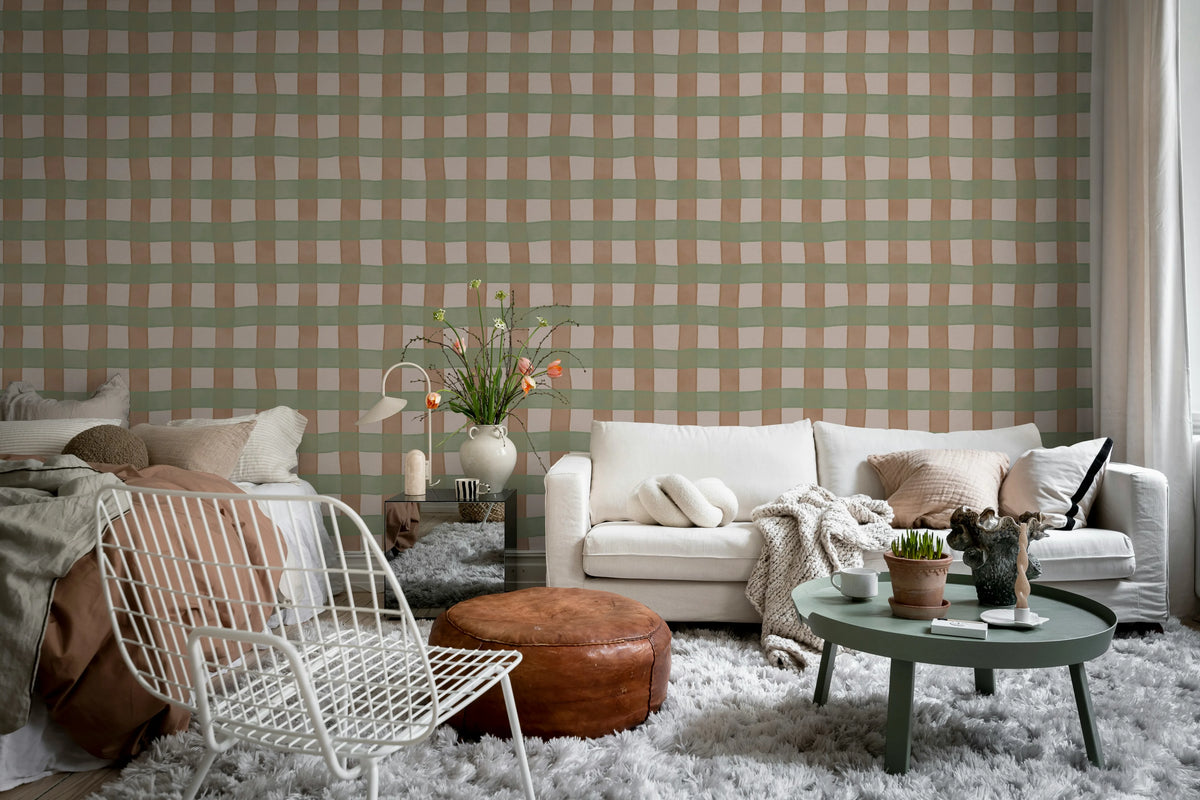 Gingham, Pink Mural Wallpaper - room preview 03