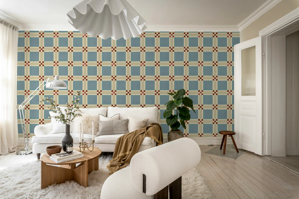 Bold Grid, Light Blue Mural Wallpaper - room preview 03