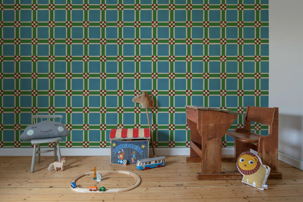 Bold Grid, Green Mural Wallpaper - room preview 03