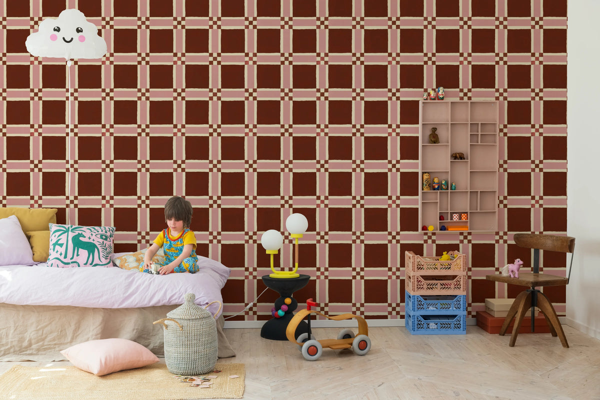 Bold Grid, Burgundy Mural Wallpaper - room preview 03