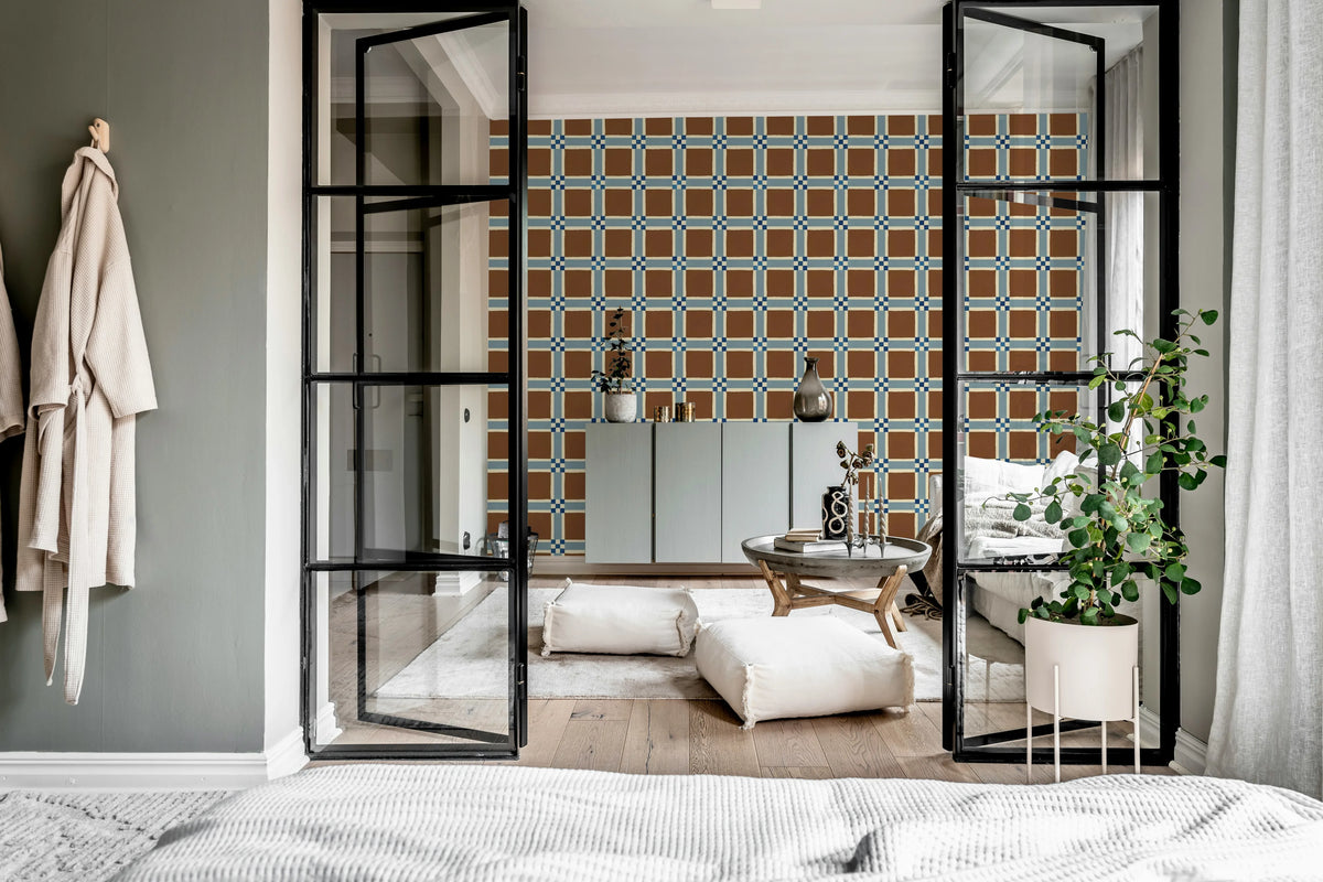 Bold Grid, Brown Mural Wallpaper - room preview 03
