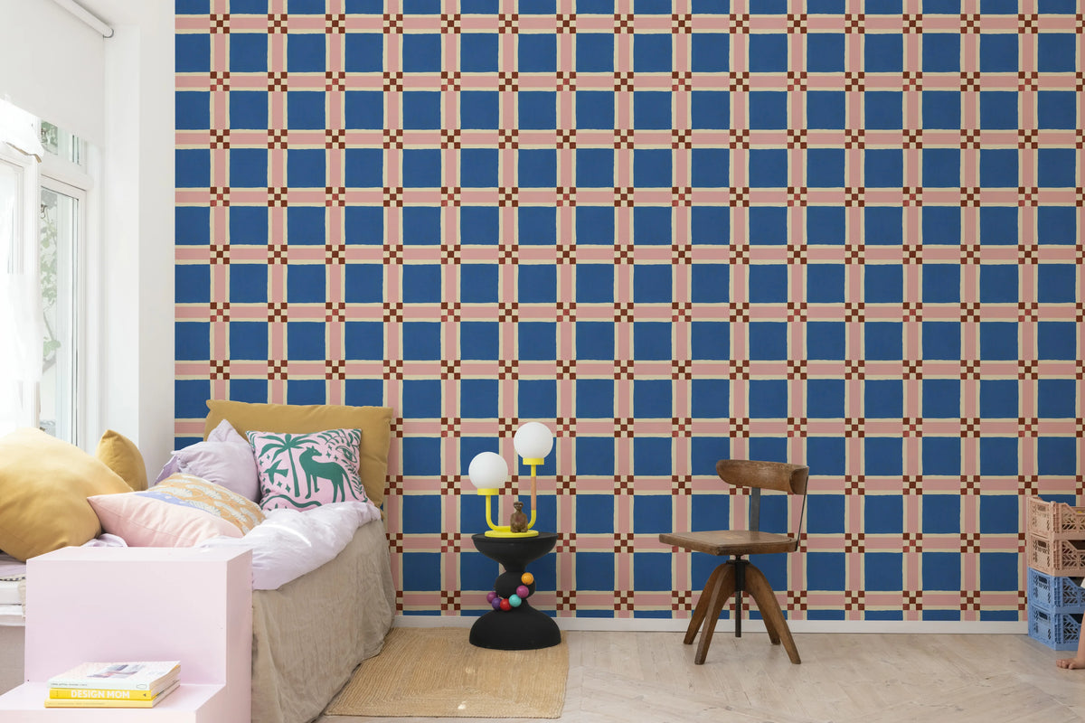 Bold Grid, Blue Mural Wallpaper - room preview 03