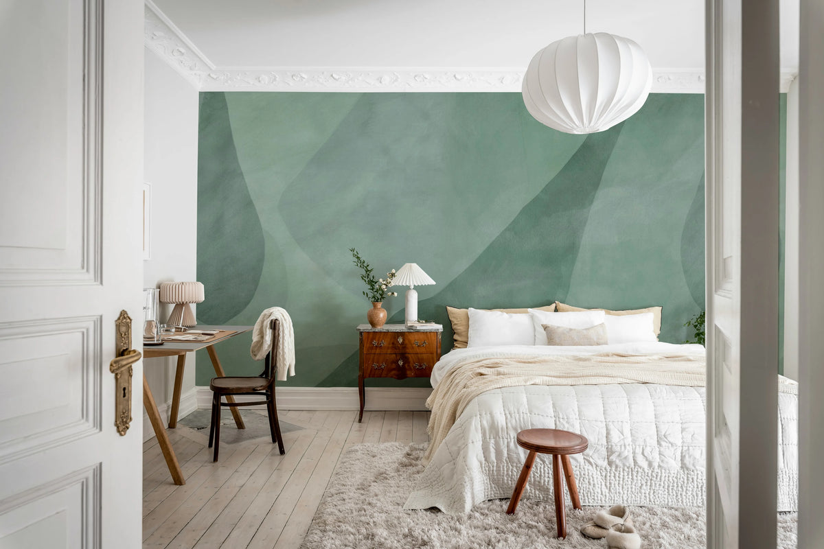 Shapes in Motion, Green Mural Wallpaper - room preview 03