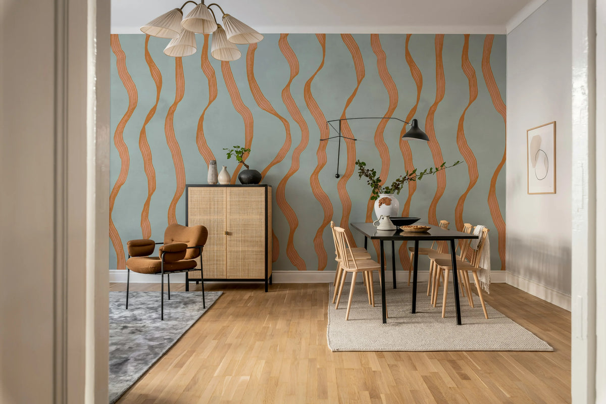 Ribbon Stripe, Blue Mural Wallpaper - room preview 03