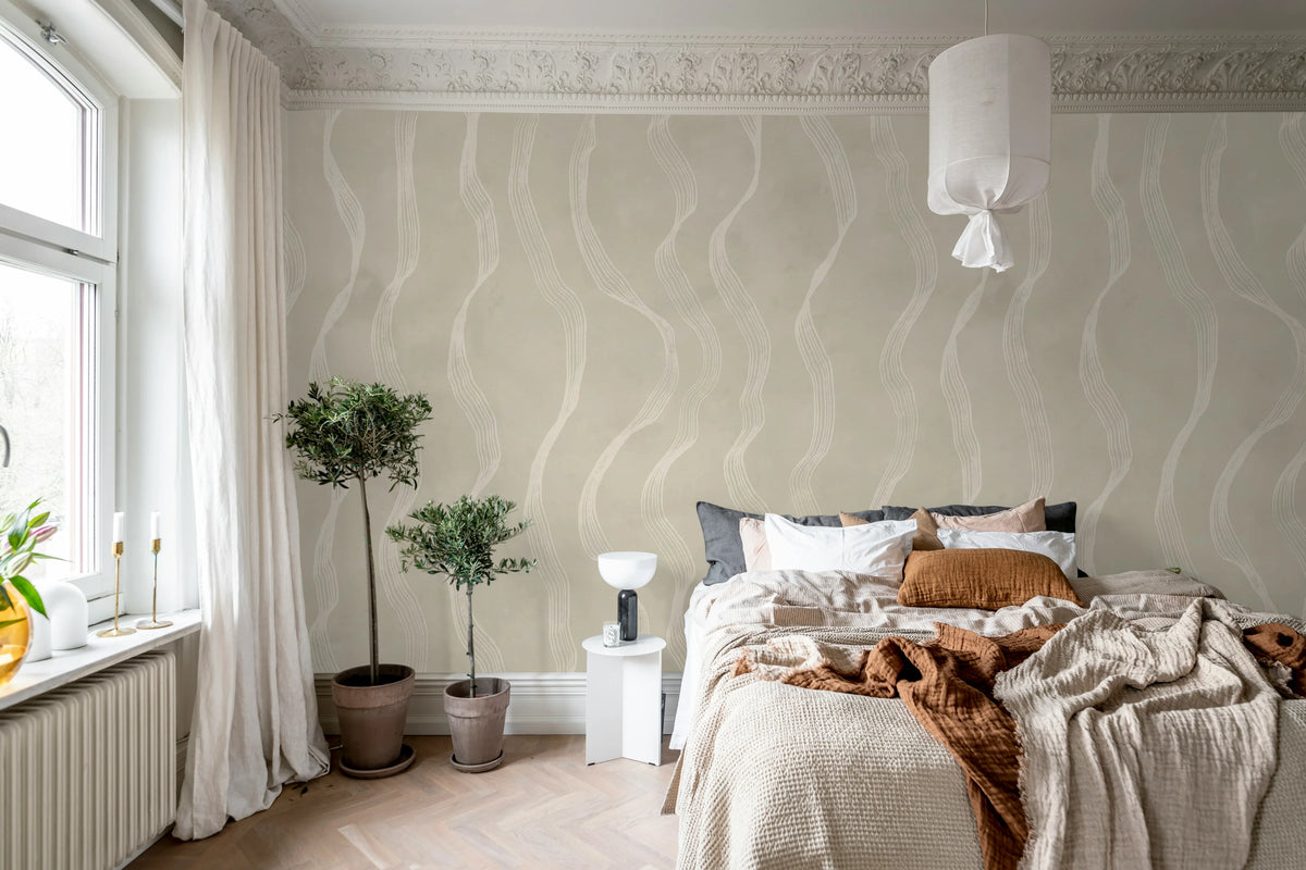 Ribbon Stripe, Beige Mural Wallpaper - room preview 03
