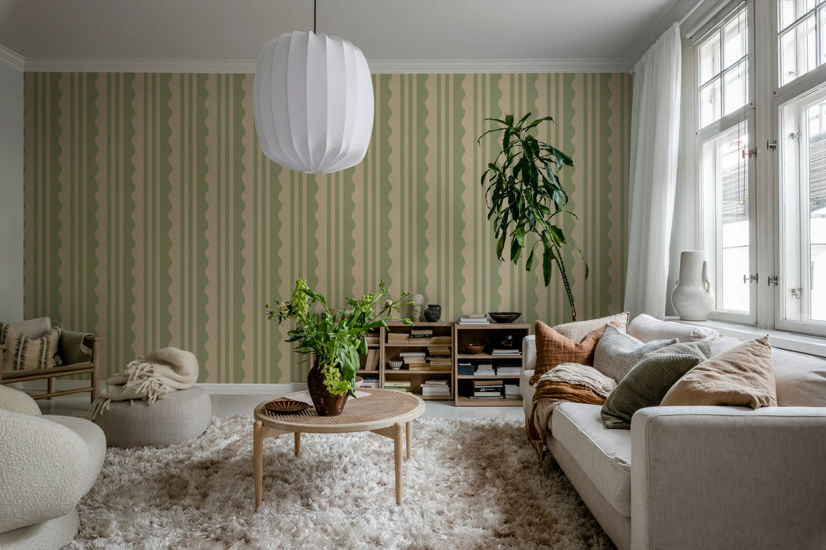 Wavy Stripe, Light Green Mural Wallpaper - room preview 03