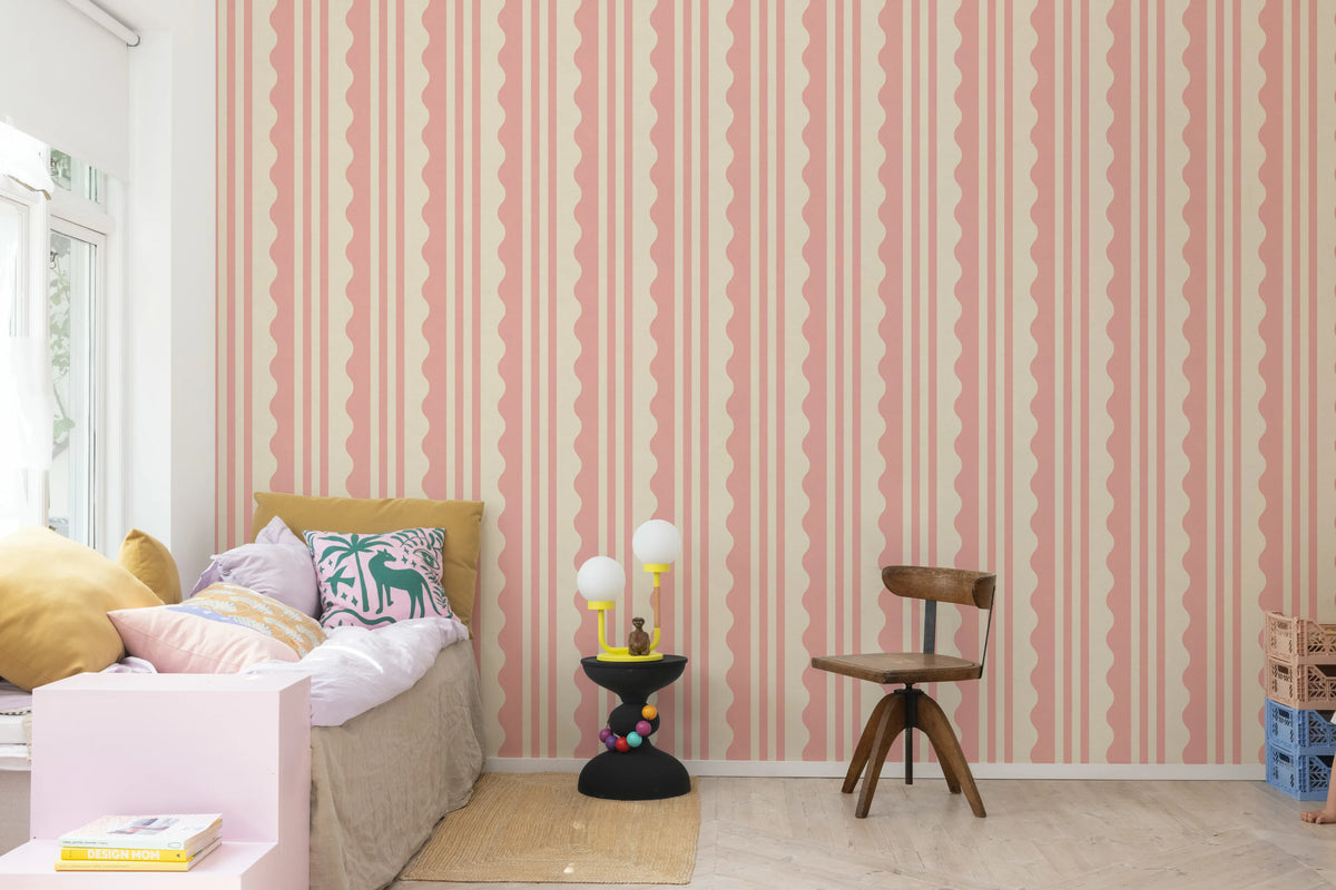 Wavy Stripe, Pink Mural Wallpaper - room preview 03