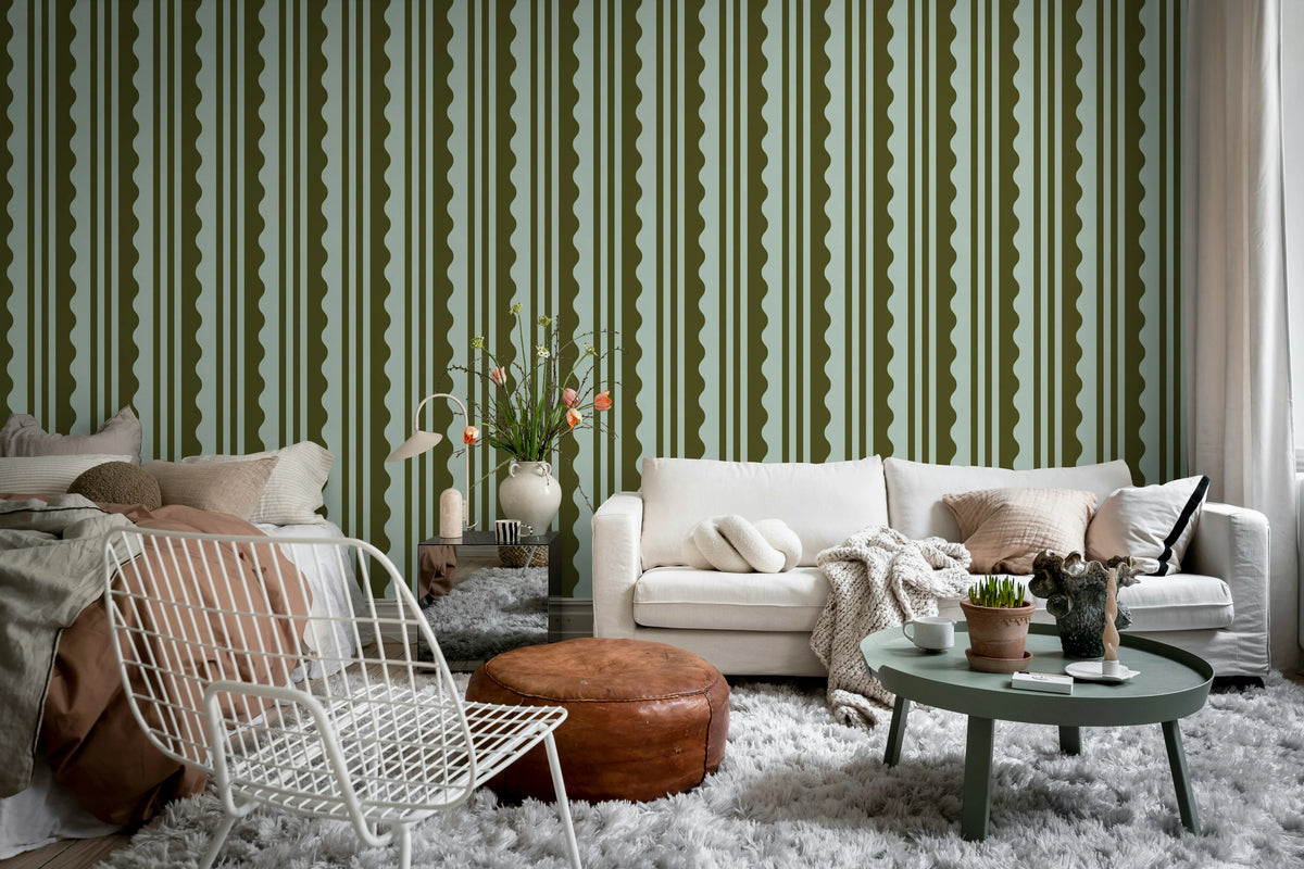 Wavy Stripe, Moss Green Mural Wallpaper - room preview 03