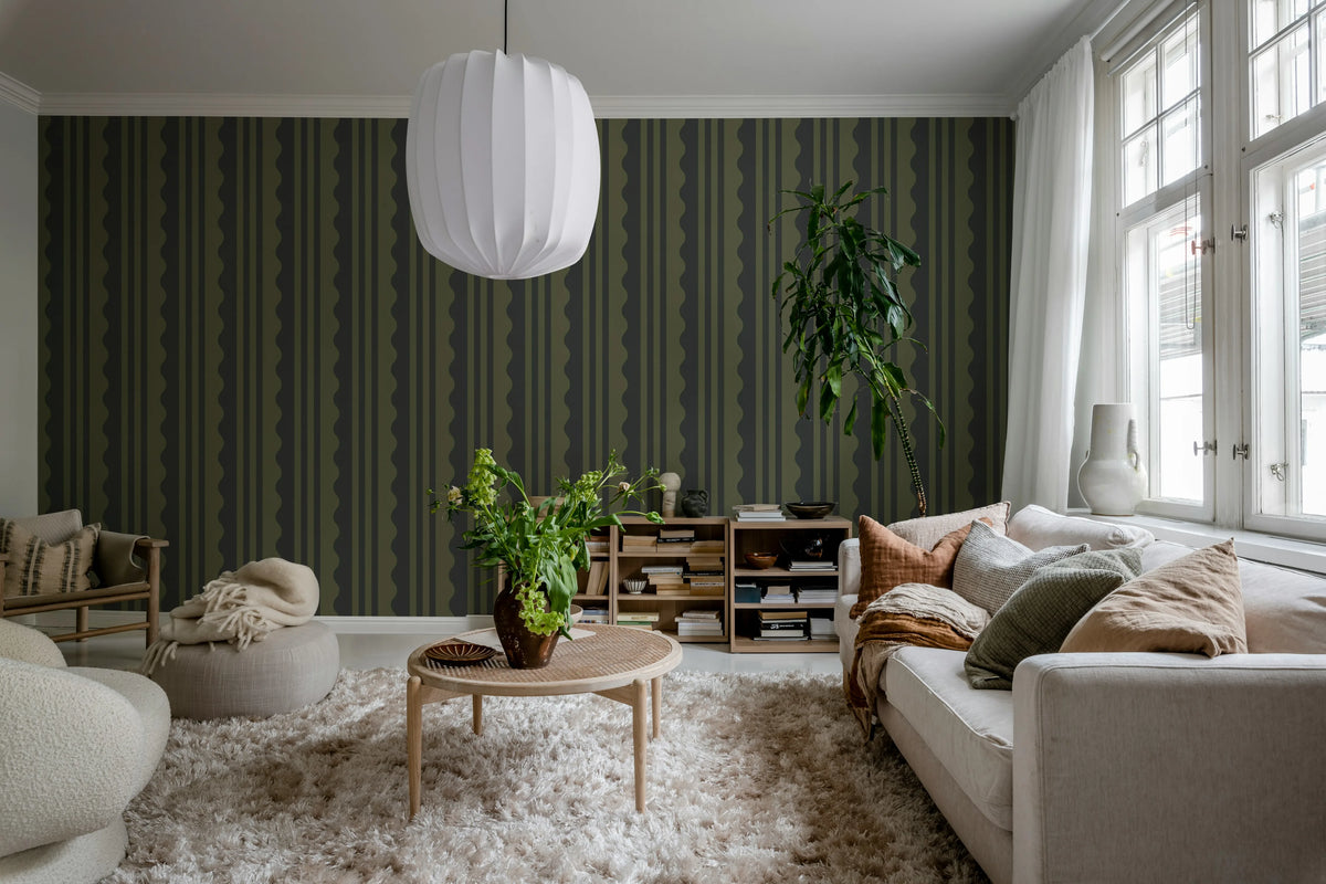Wavy Stripe, Dark Green Mural Wallpaper - room preview 03