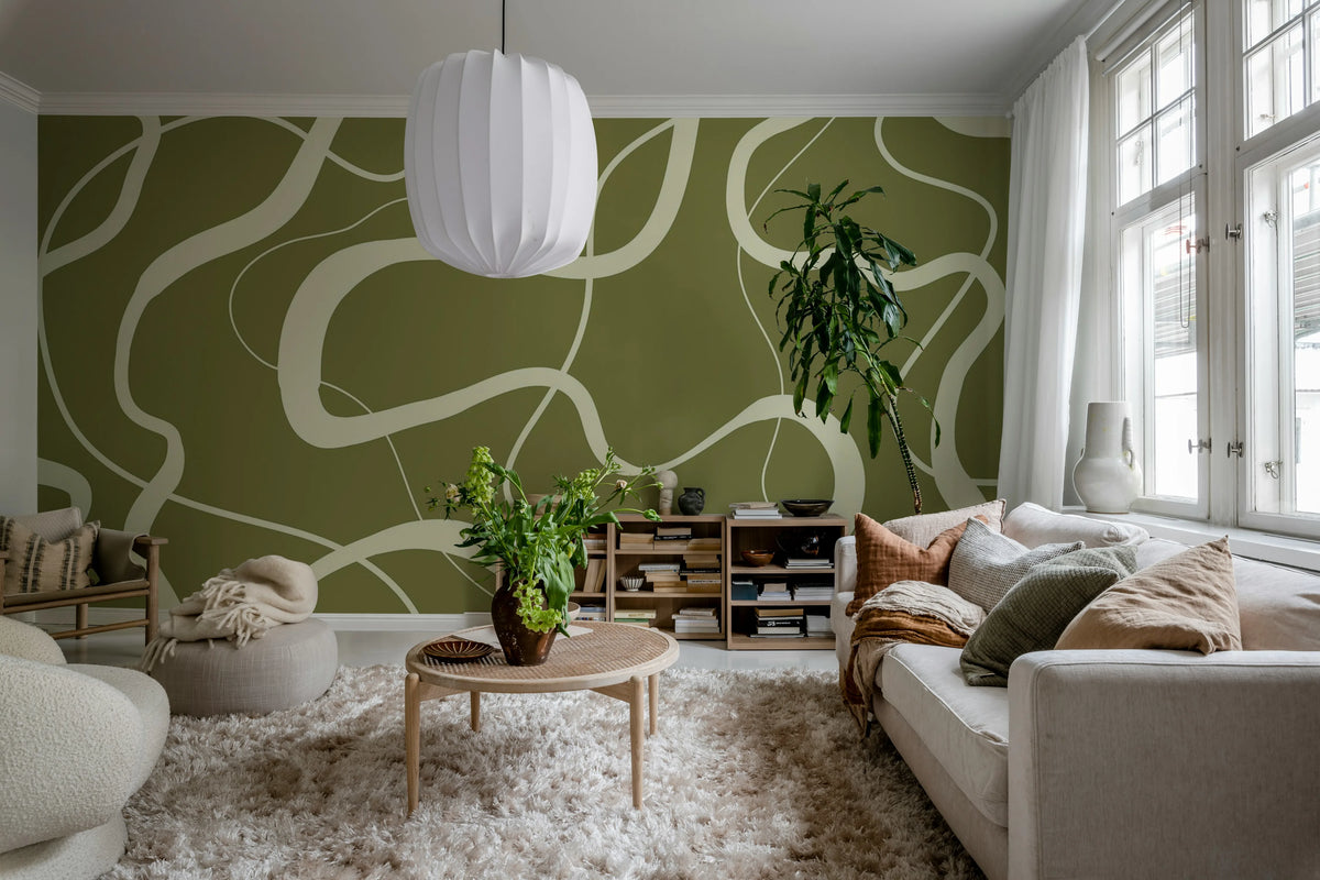 Twisting Lines, Olive Mural Wallpaper - room preview 03