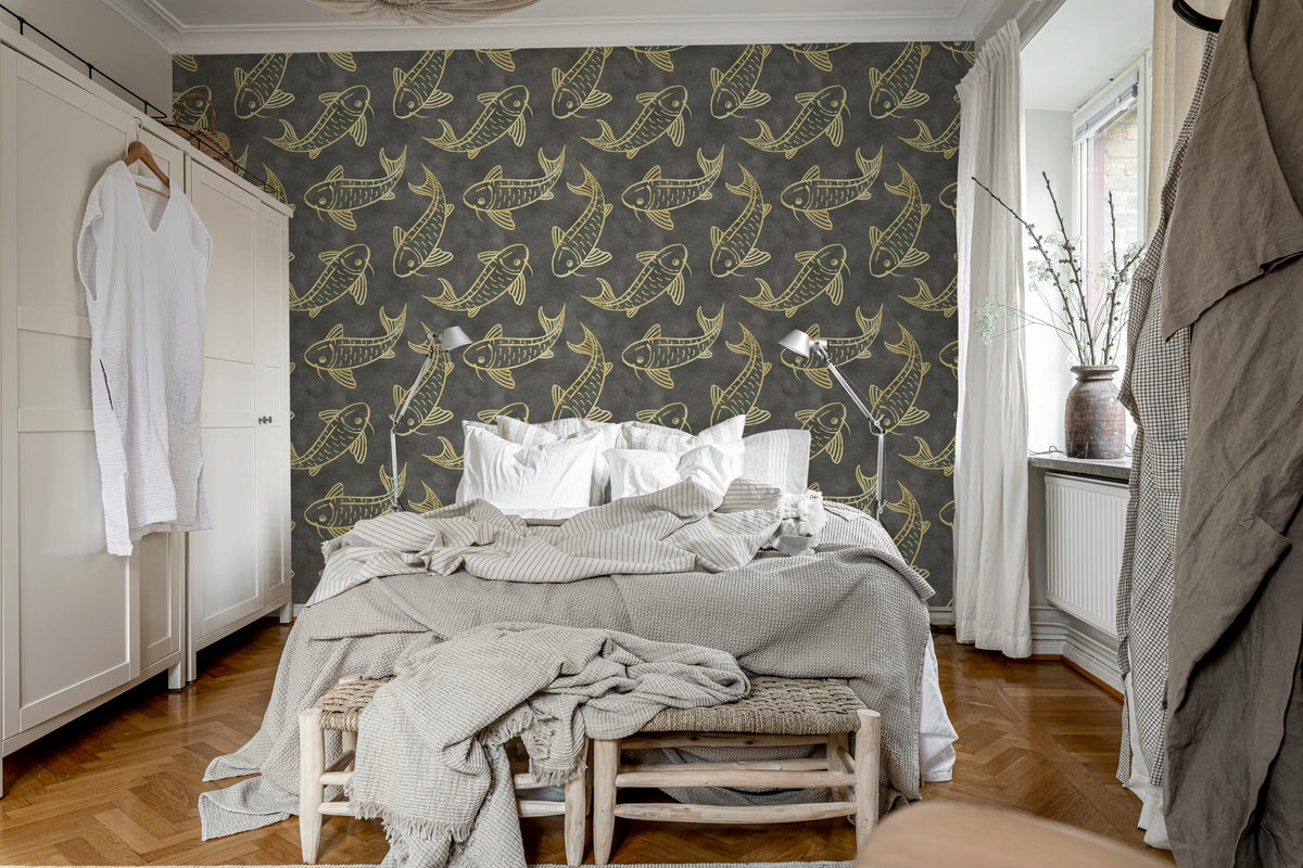 Koi Pond, Black Mural Wallpaper - room preview 03