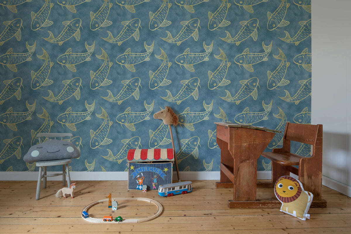 Koi Pond, Blue Mural Wallpaper - room preview 03