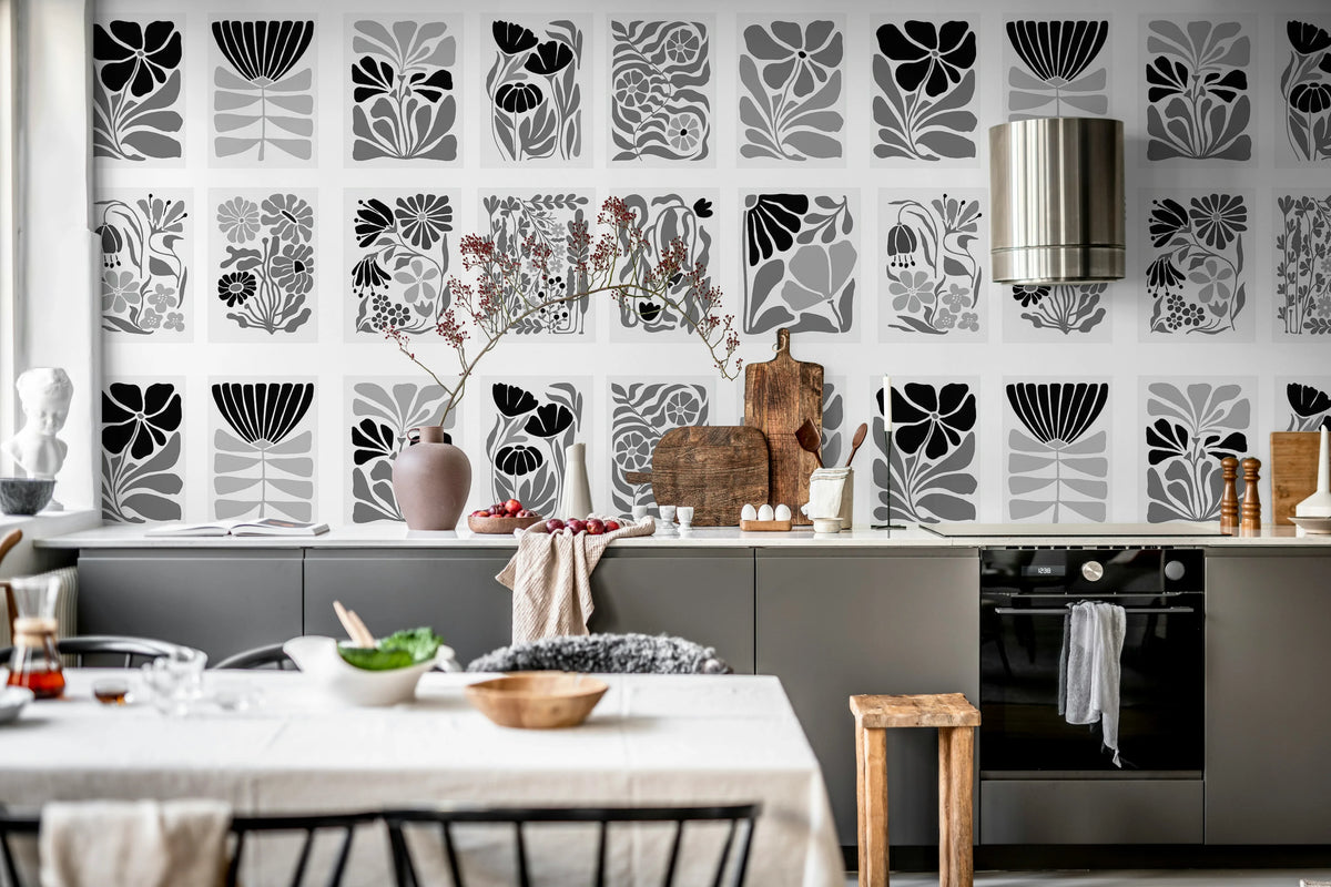 Playful Flora, Black & White Mural Wallpaper - room preview 03