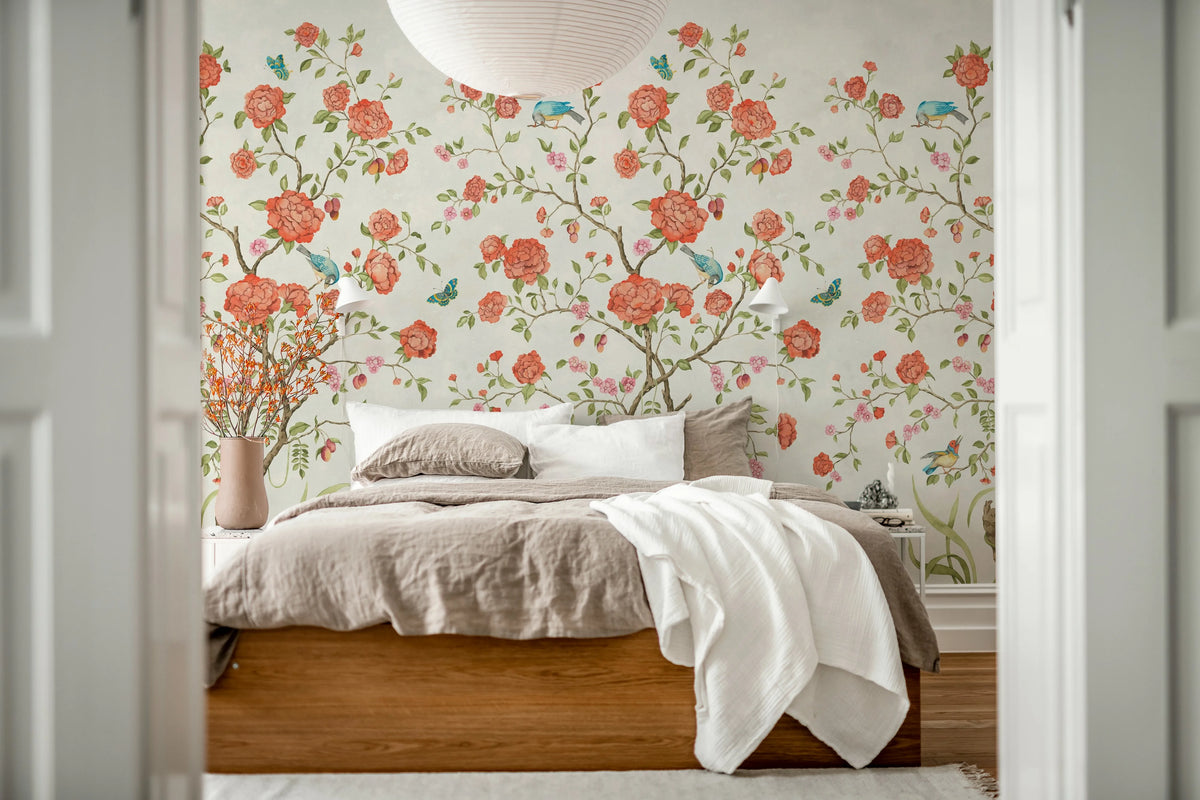 Chinoiserie Botanica, White Mural Wallpaper - room preview 03