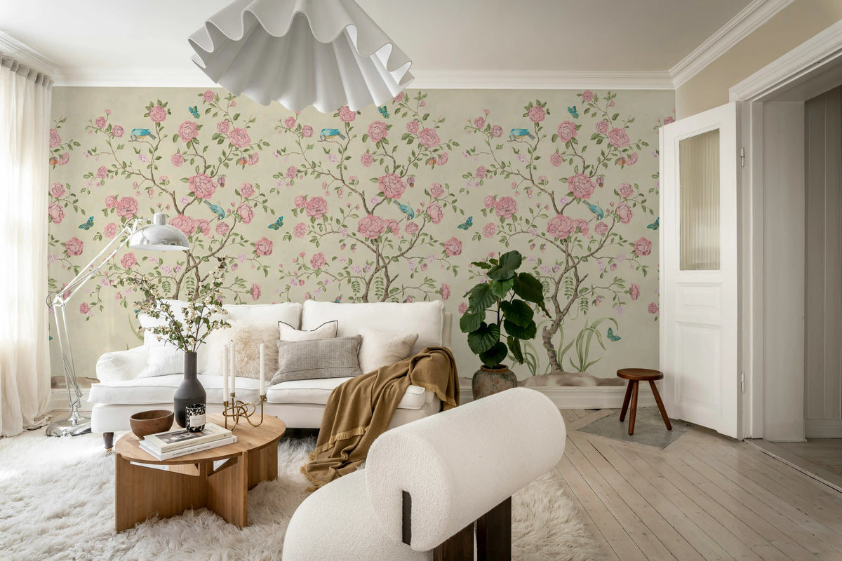 Chinoiserie Botanica, Pink Mural Wallpaper - room preview 03