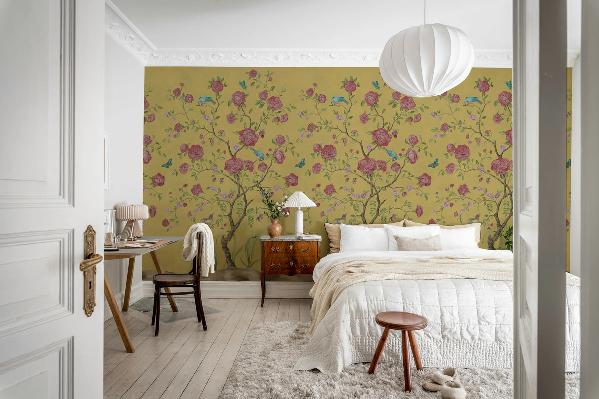 Chinoiserie Botanica, Red Mural Wallpaper - room preview 03