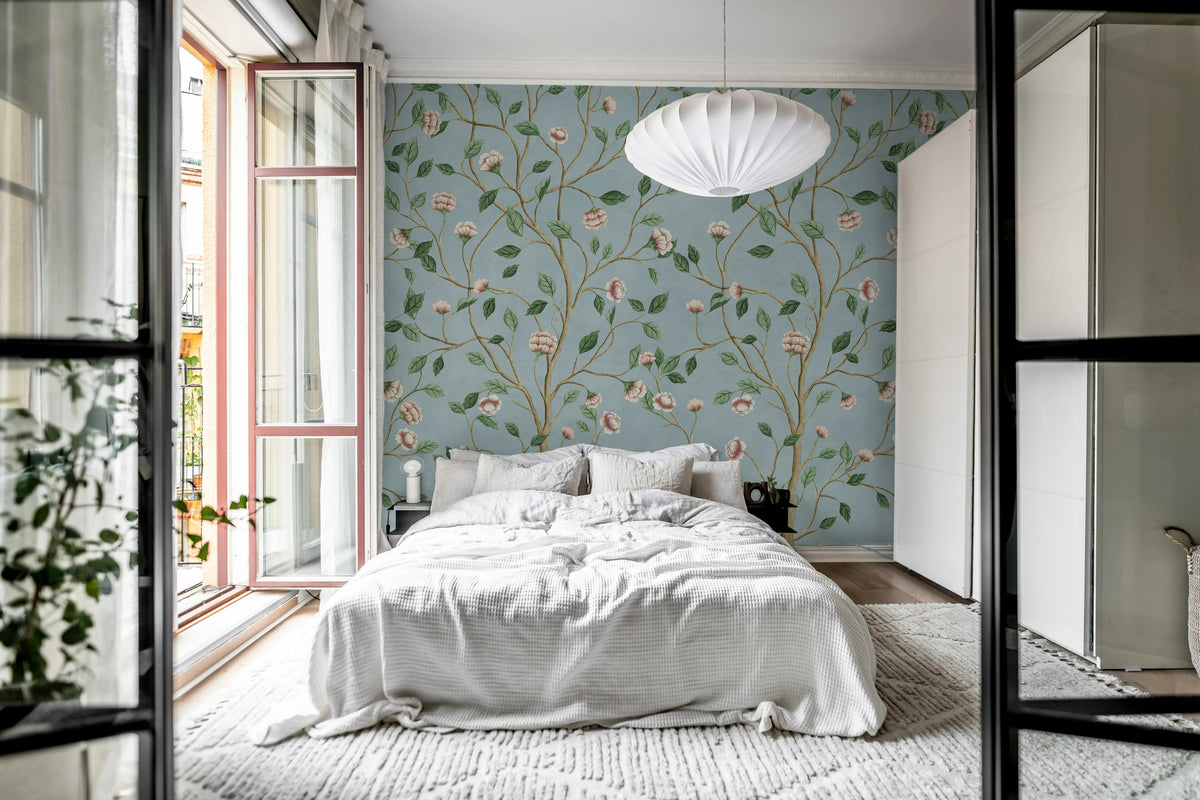 Silent Bloom, Blue Mural Wallpaper - room preview 03