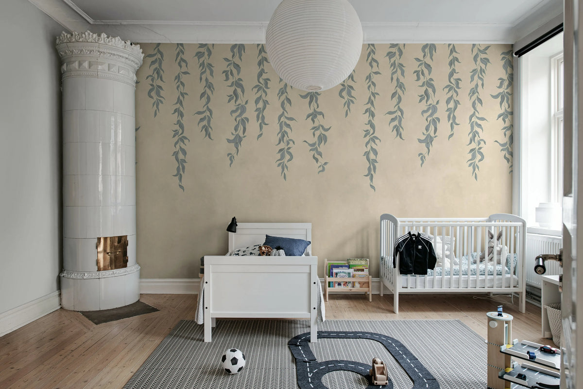 Hanging Leaves, Blue Mural Wallpaper - room preview 03