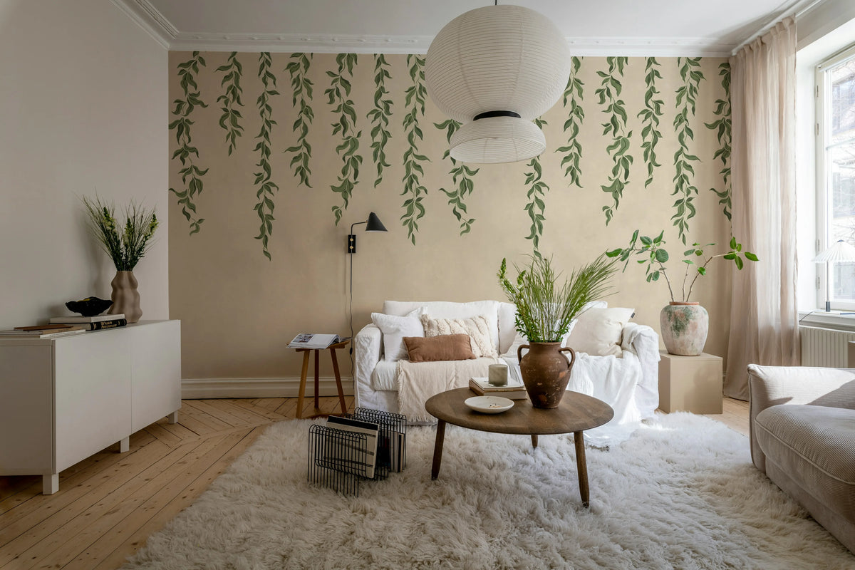 Hanging Leaves, Beige Mural Wallpaper - room preview 03