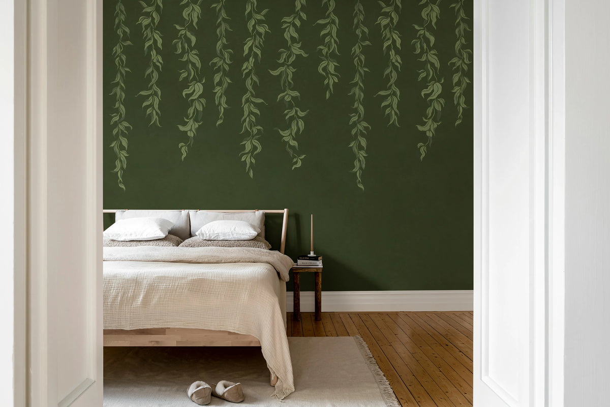Hanging Leaves, Dark Green Mural Wallpaper - room preview 03
