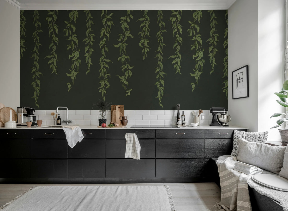 Hanging Leaves, Graphite Mural Wallpaper - room preview 03