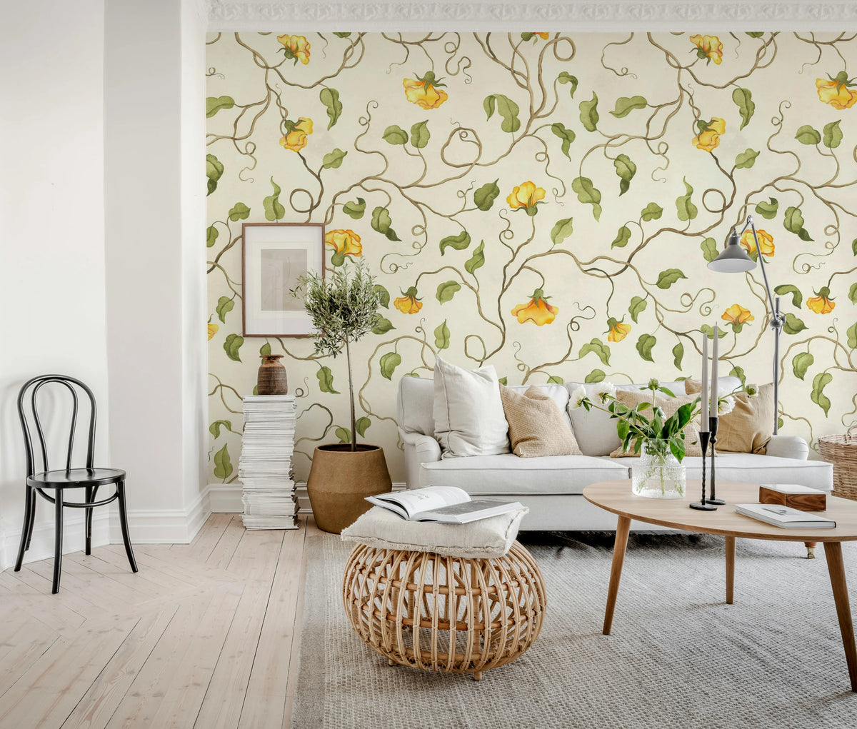 Soft Vines, Yellow Mural Wallpaper - room preview 03