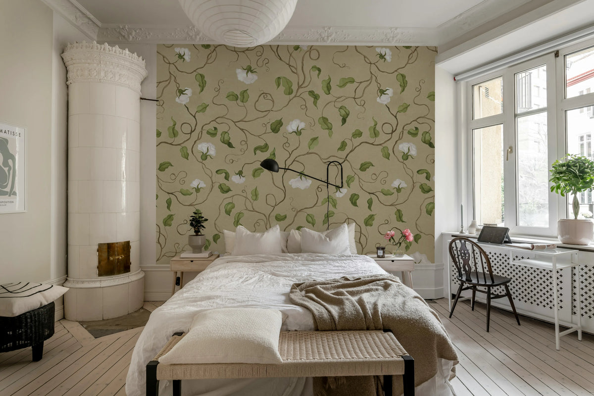Soft Vines, Beige Mural Wallpaper - room preview 03
