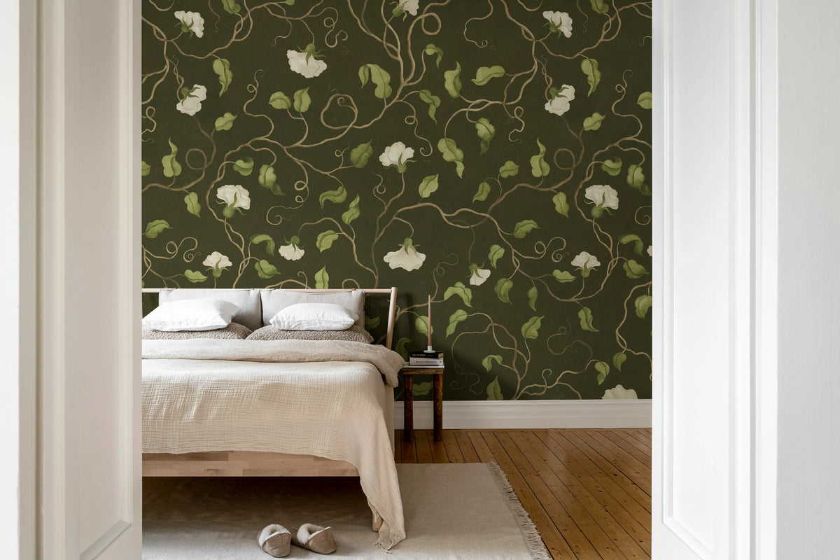 Soft Vines, Dark Green Mural Wallpaper - room preview 03