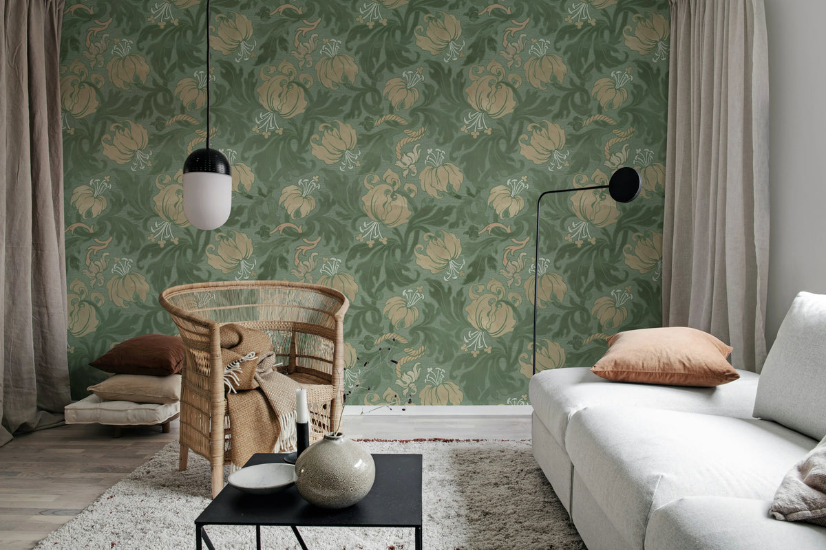 Midnight Peony, Green Mural Wallpaper - room preview 03
