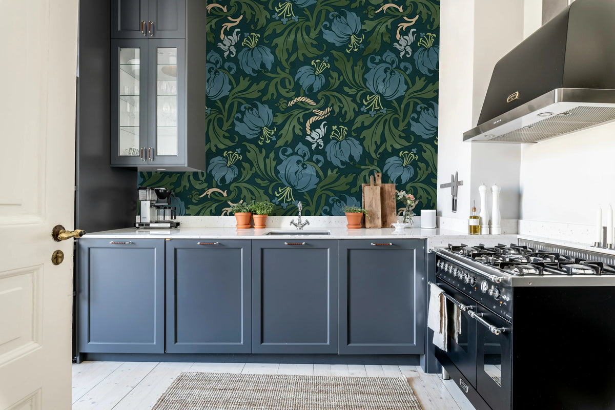 Midnight Peony, Blue Mural Wallpaper - room preview 03