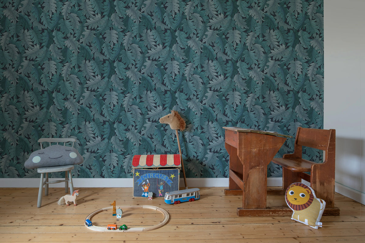Swirling Fern, Blue Mural Wallpaper - room preview 03
