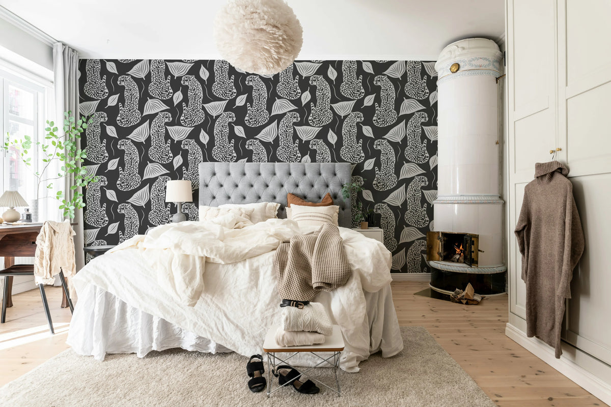 Whimsy Leopard, Black Mural Wallpaper - room preview 03