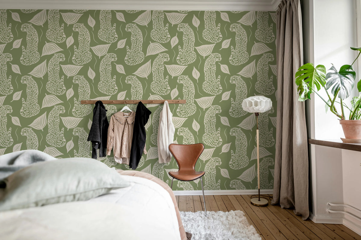 Whimsy Leopard, Green Mural Wallpaper - room preview 03