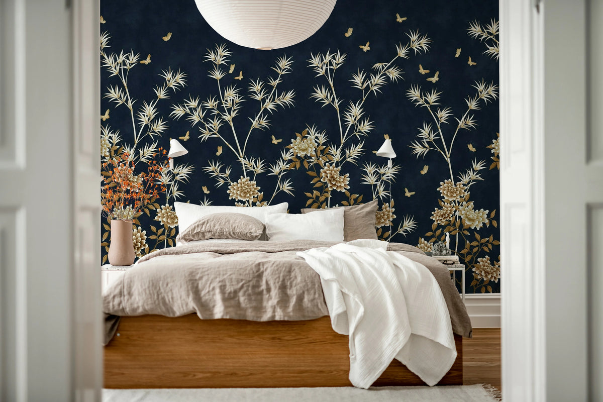 Eastern Bloom, Dark Blue Mural Wallpaper - room preview 03