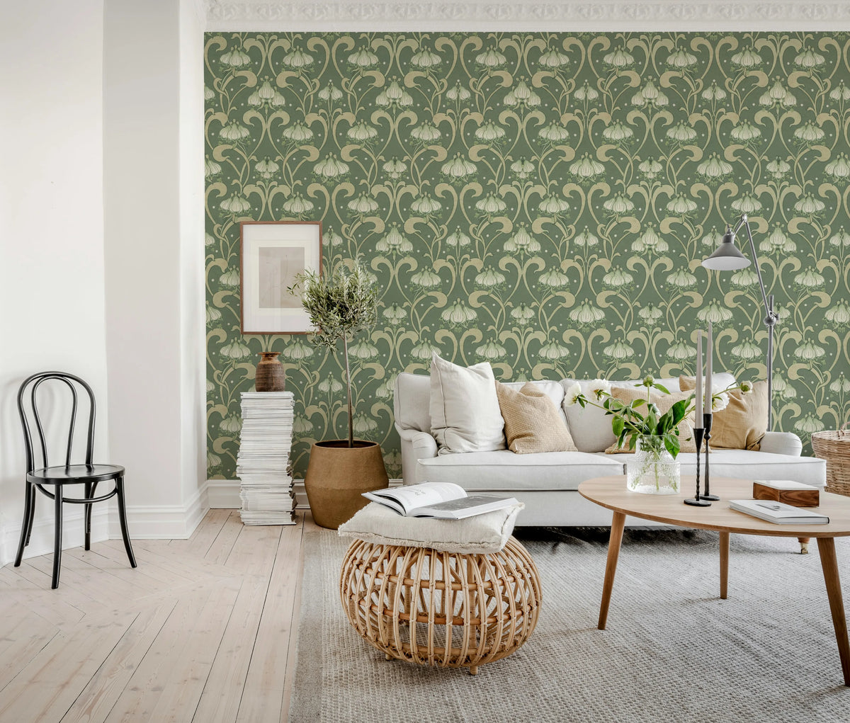 Art Nouveau Flower, Green Mural Wallpaper - room preview 03
