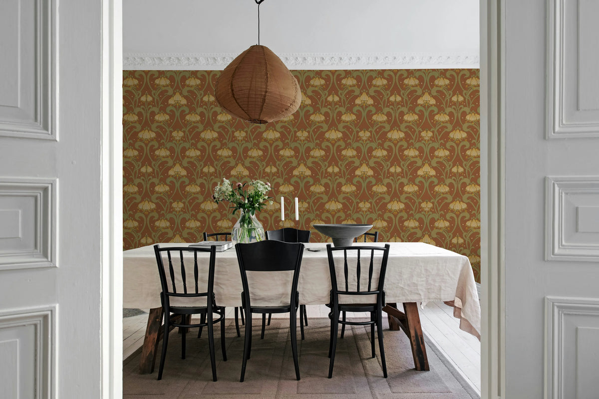 Art Nouveau Flower, Red Mural Wallpaper - room preview 03