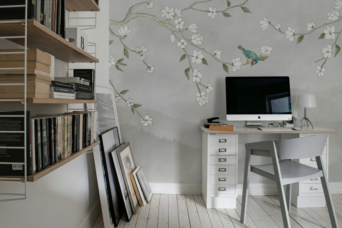 Bird in Tree, White Mural Wallpaper - room preview 03