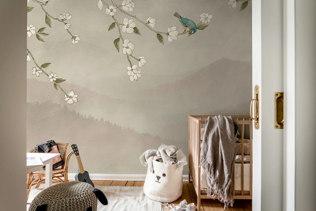 Bird in Tree, Pink Mural Wallpaper - room preview 03