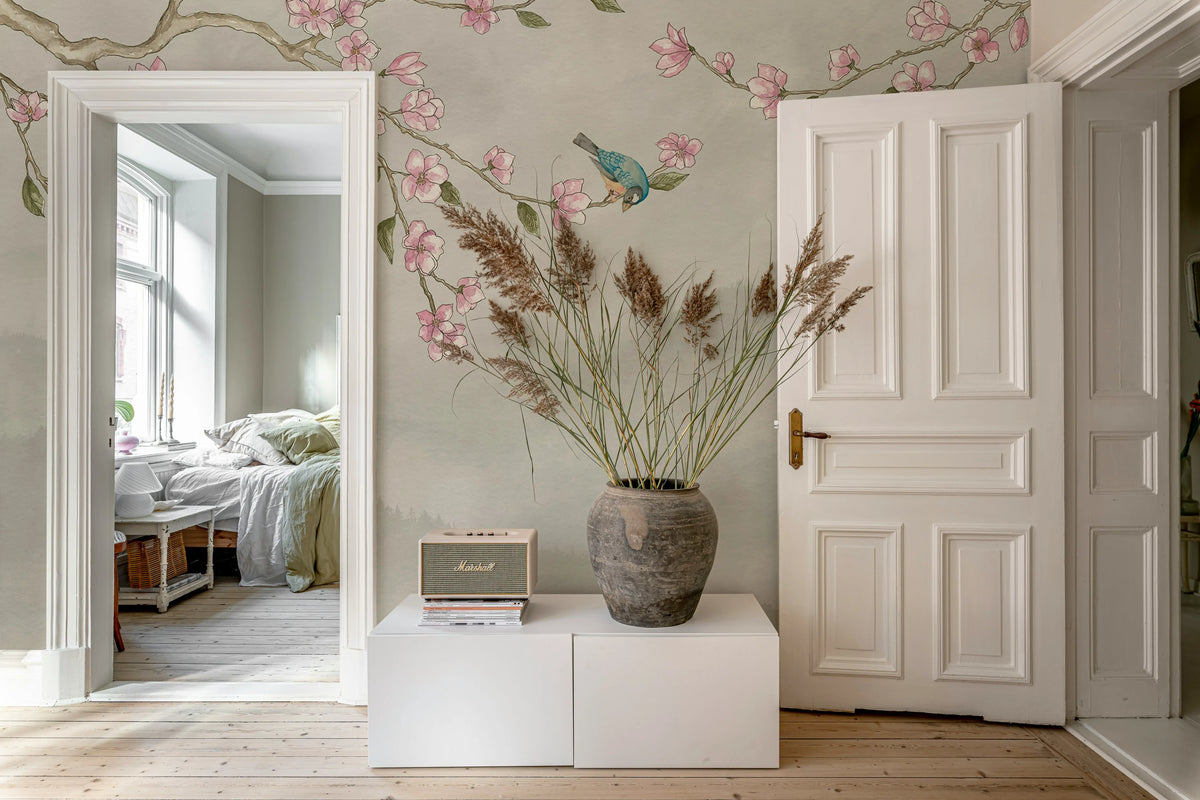 Bird in Tree, Beige Mural Wallpaper - room preview 03