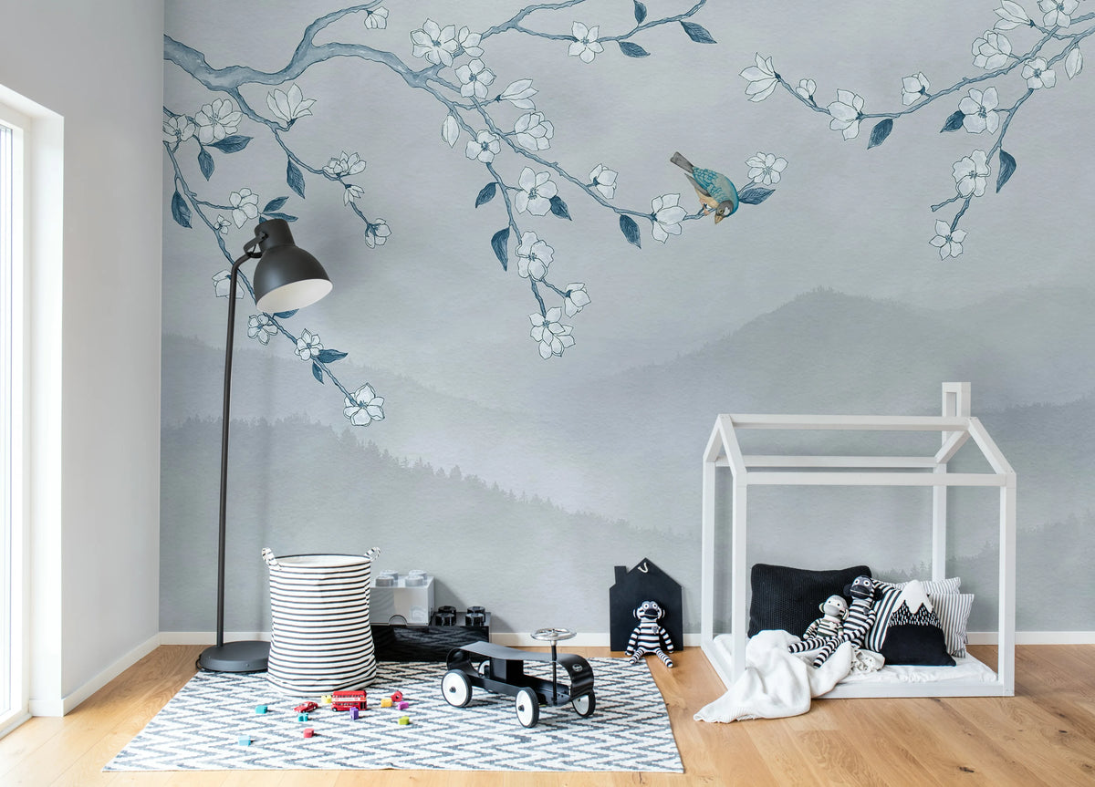 Bird in Tree, Blue Mural Wallpaper - room preview 03