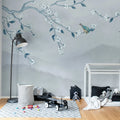 Bird in Tree, Blue Mural Wallpaper - room preview 03