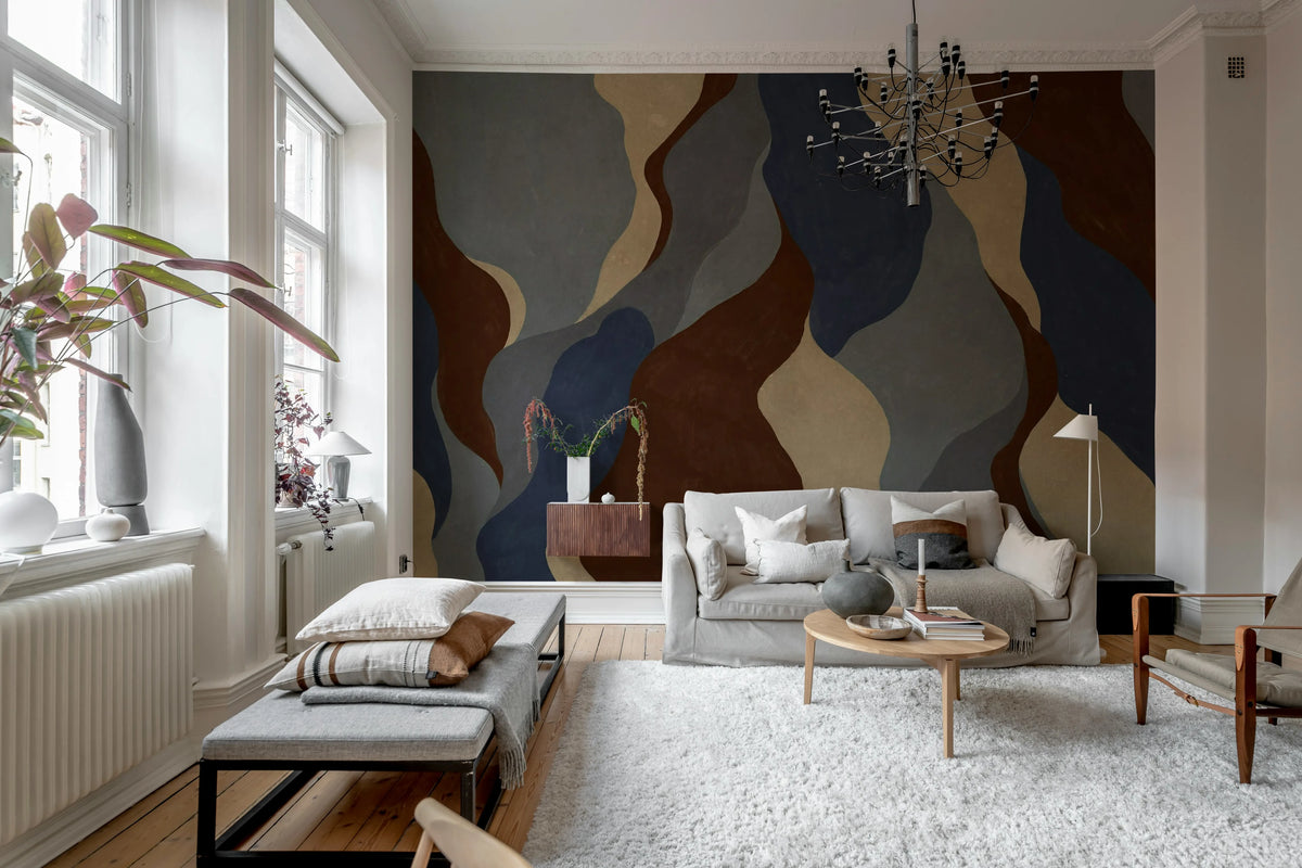 Flowing Forms, Dark Blue Mural Wallpaper - room preview 03