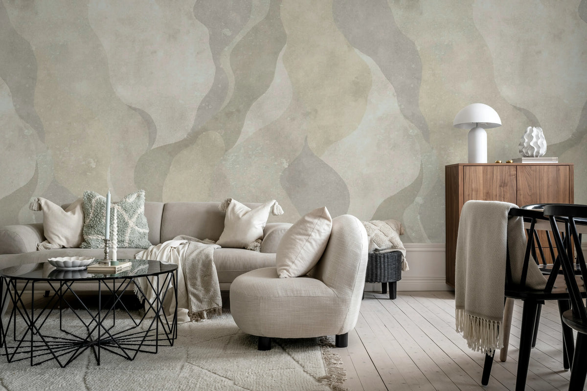 Flowing Forms, Beige Mural Wallpaper - room preview 03